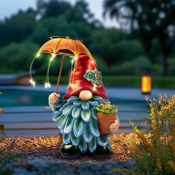Waitmin Gnome Solar LED Garden Decor Lights with Umbrella, Durable Resin Gnome Statue for Patio, Balcony, Lawn, Yard - Ideal Gardening Gifts for Mom, Grandma