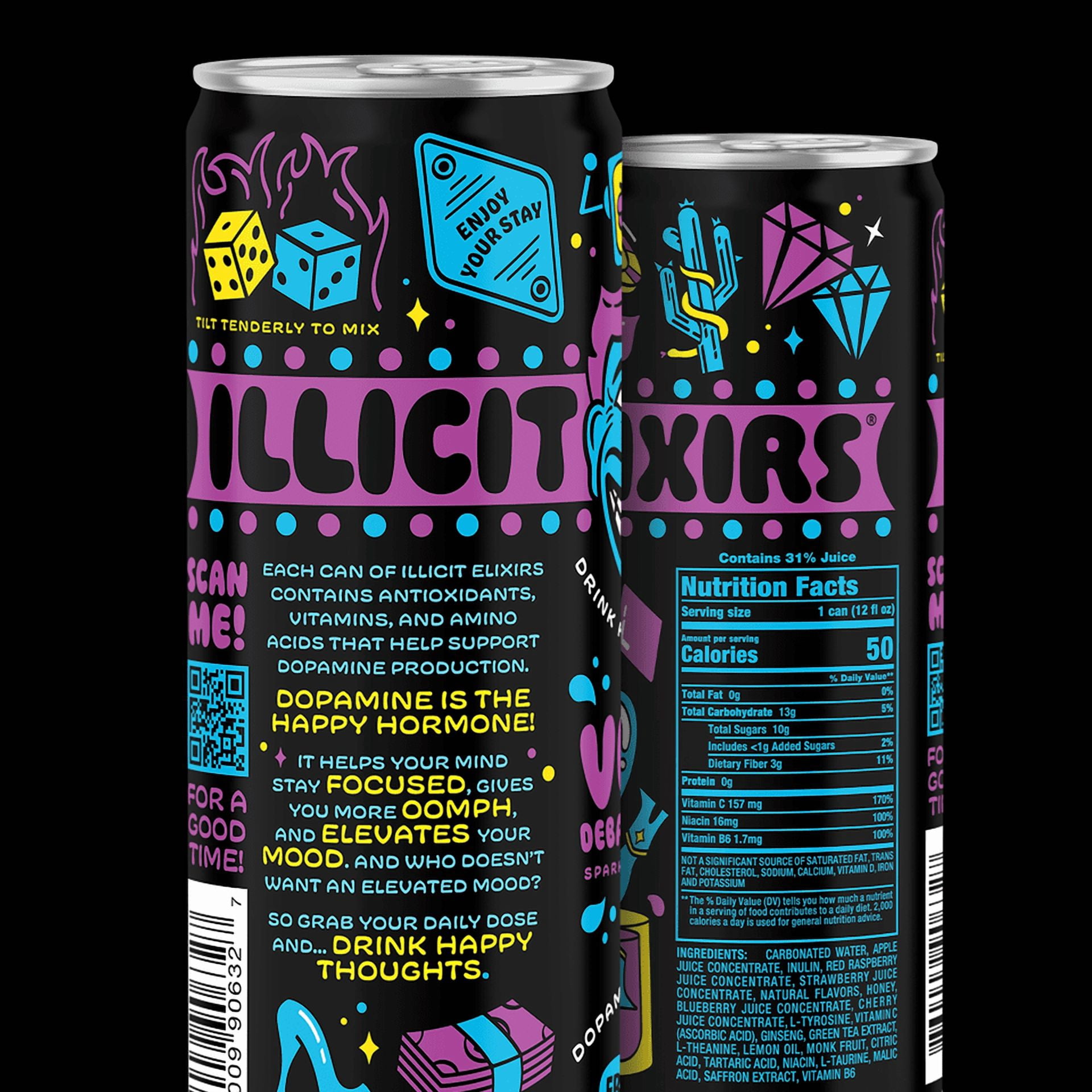 Illicit Elixirs Vegas Debauch-A-Berry - Sparkling Juice Drink - Supports Dopamine Production - 12 Pack - 12 Oz Cans