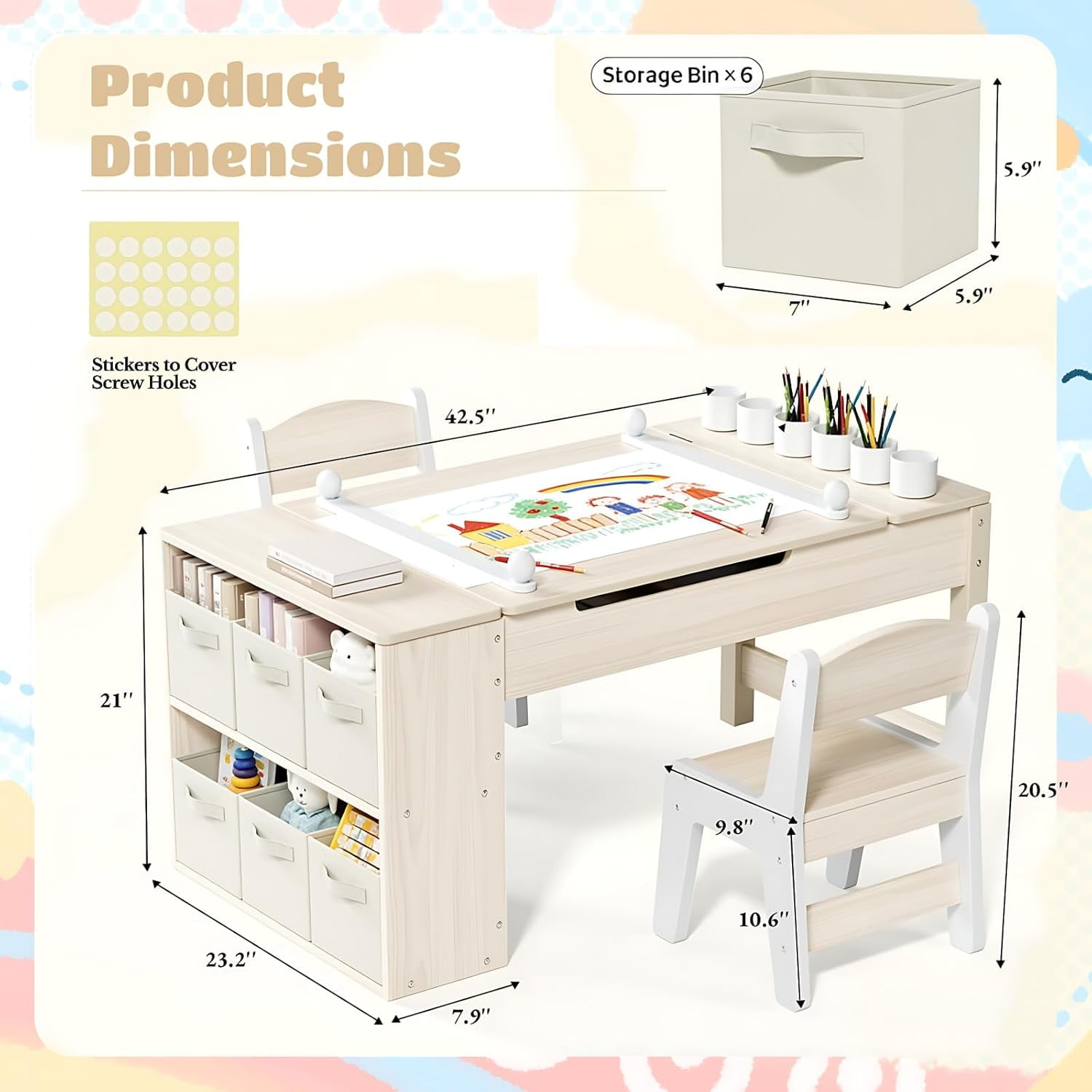 TLSUNNY Kids Art Table and 2 Chairs Set, Toddler Activity Desk with Storage Bins, Paper Roll, Paint Cups, Wooden Craft Table and Chairs Set for Boys & Girls
