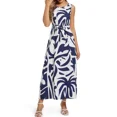thumbnail image 3 of OYYN Women's Blue White Tropical Palm Leaf Print Sleeveless Maxi Dress Belted A-Line Summer Dress with Pockets for Beach Vacation, 3 of 7