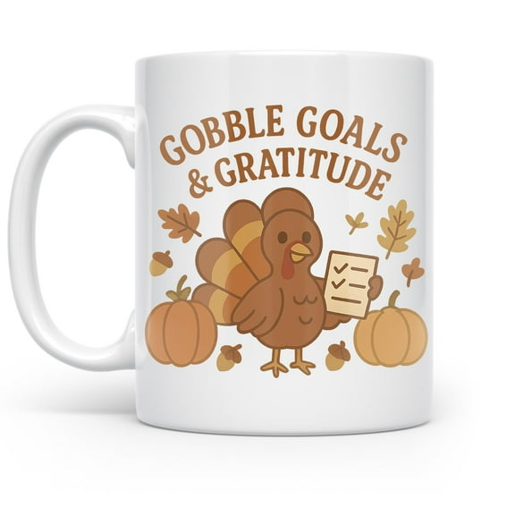 Gobble Goals 11 oz Coffee Mug - Thanksgiving Morning Planning White Ceramic Gift