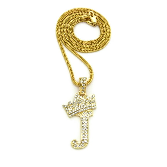 Stone Stud Allover Tilted Crown Initial J Pendant w/ 3mm 24" Fox Chain Necklace, Gold-Tone