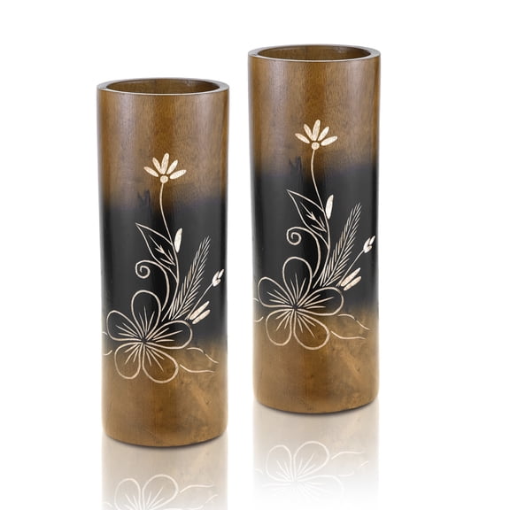 Flourished Plumeria Flower Brown Cylindrical Mango Tree Wood Set of 2 Vase