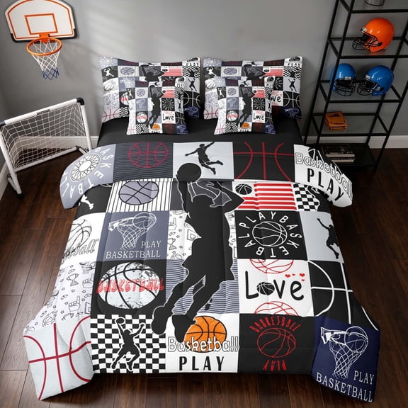 Manfei Boys Basketball Twin Bedding, Sport Plaid Bedding Comforter Set, Black Red, Black Reversible 7-Piece