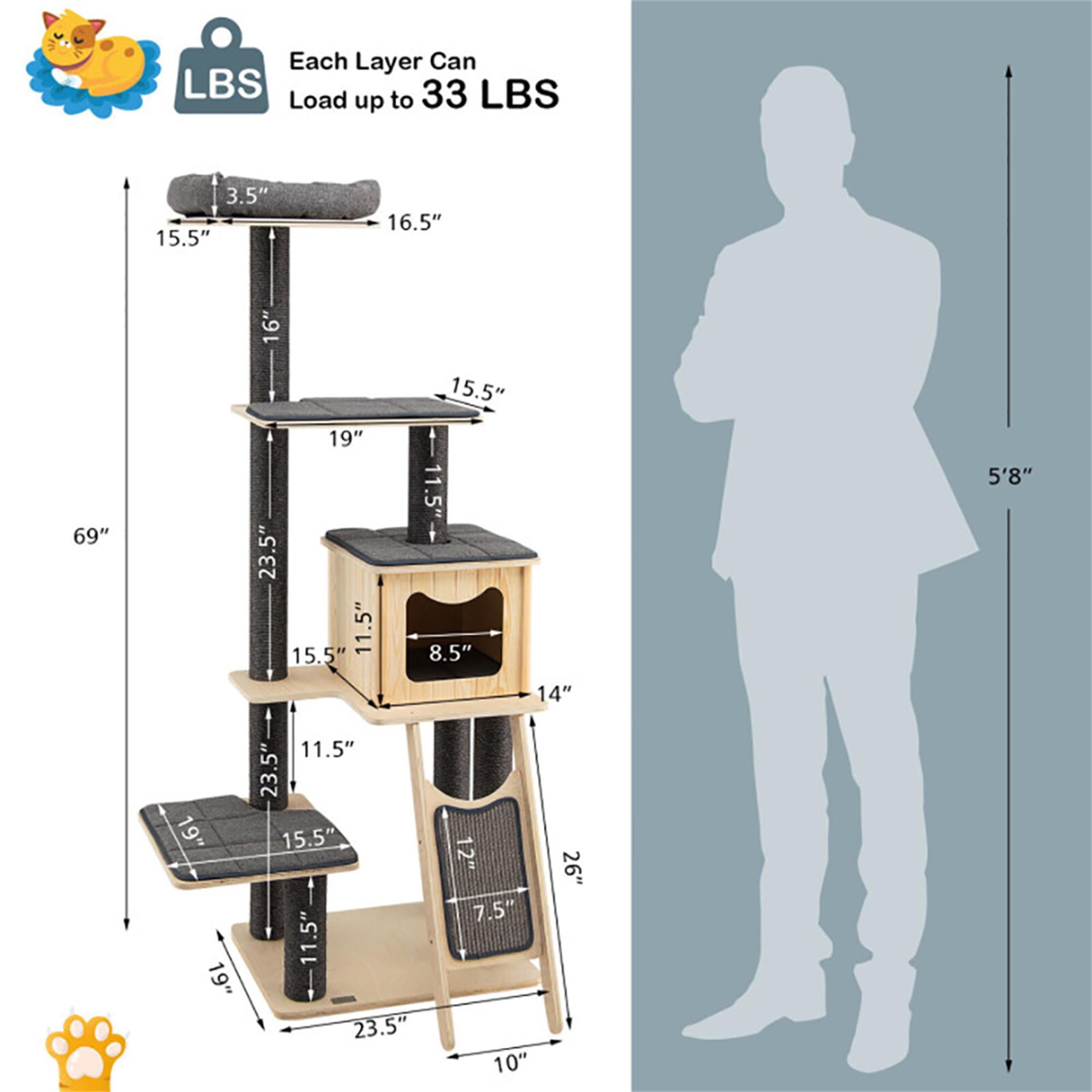 Kadyn 69" Modern Cat Tree Tower for Indoor Cats, 5-Tier Cat Condo with Scratching Posts, Perch, Washable Removable Cushions, Cat Furniture, Gray