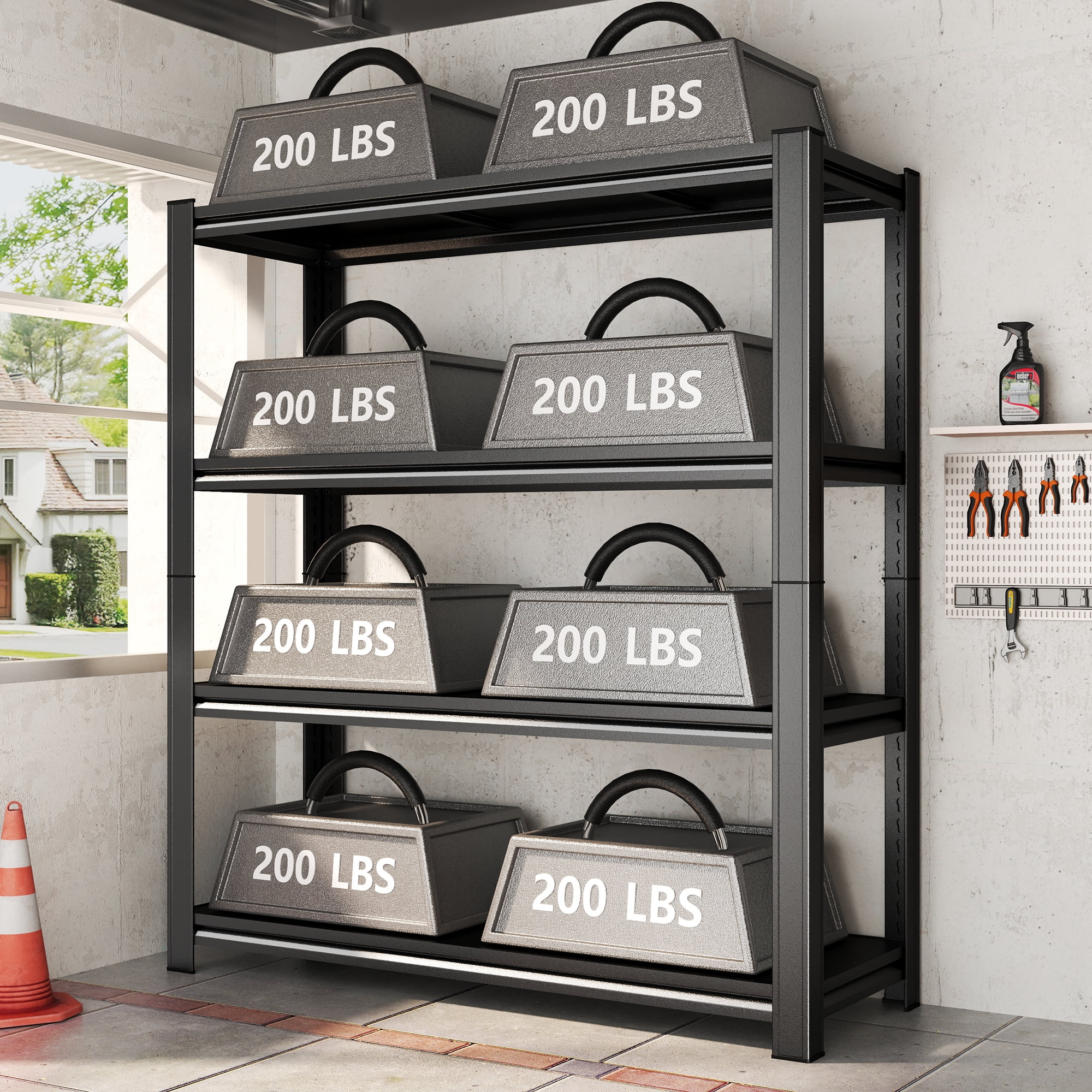 4-Tier Black Vertical Metal Storage Rack, Open Back Unit with Fully Adjustable Shelves for Garage Pantry Warehouse