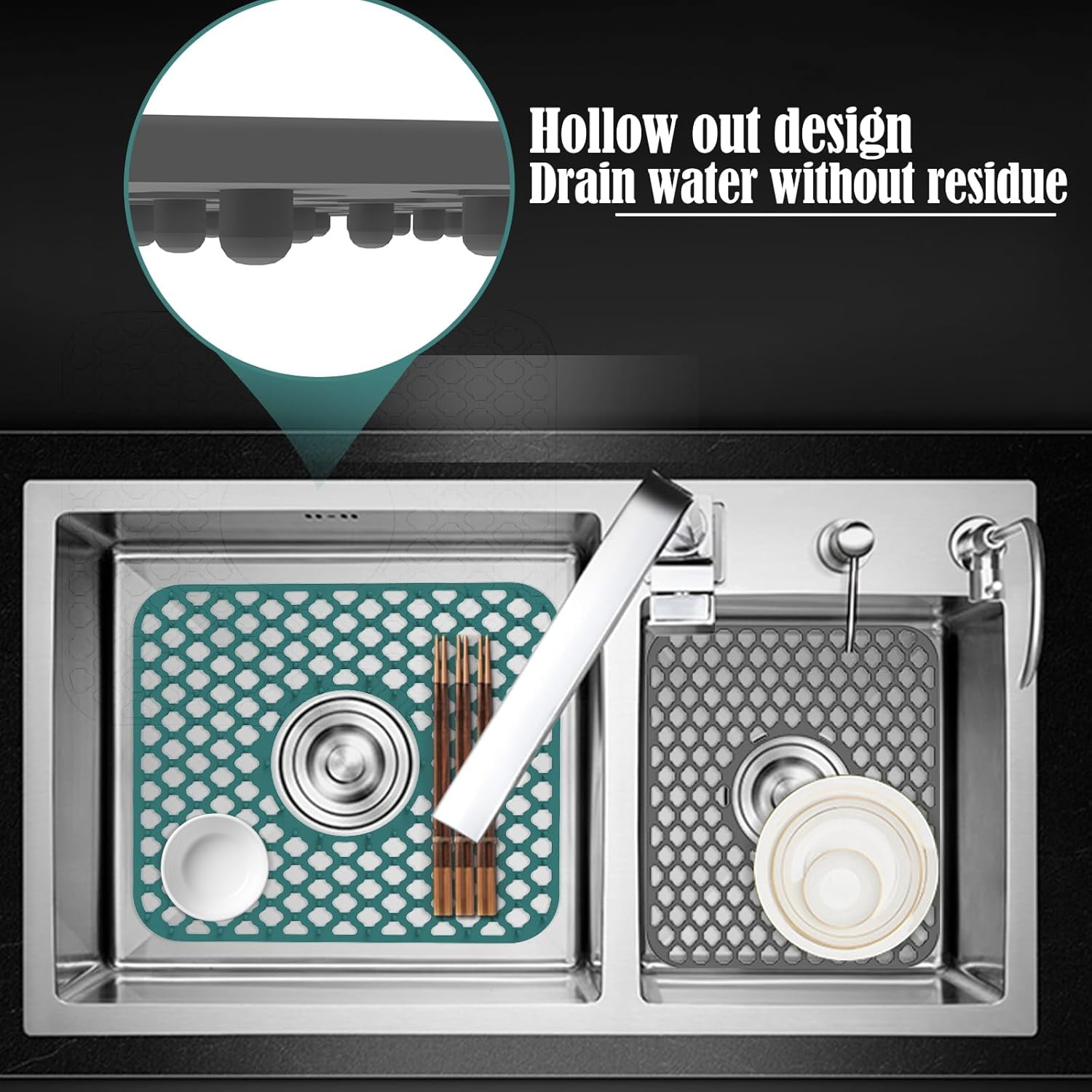 1PCS Kitchen Sink Mat, Anti Slip Silicone Drain Sink Protectors, Dishes Drying Mat Filter Mesh Grid Non-Slip Foldable for Bottom of Farmhouse Stainless Steel Porcelain Sink(Grey,Side Hole)