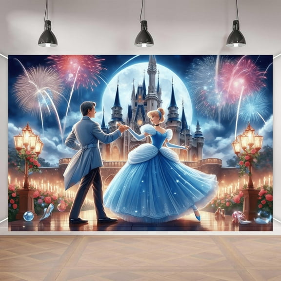 Cinderella theme party birthday background, polyester fiber fabric,suitable for party, birthday celebration and birthday party decoration 5.9x3.6ft