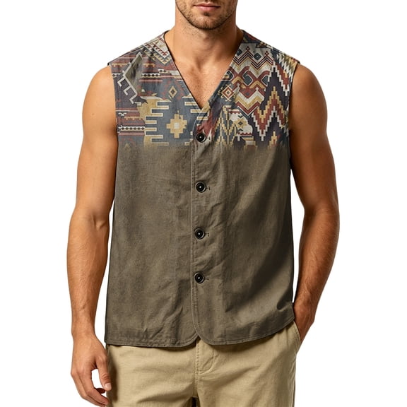 GrmtClth Western Aztec Zigzag Chevron Patchwork Mens Sleeveless Tank Vest, Lightweight Button Front Travel Camping Casual Shirt Navy 3XL