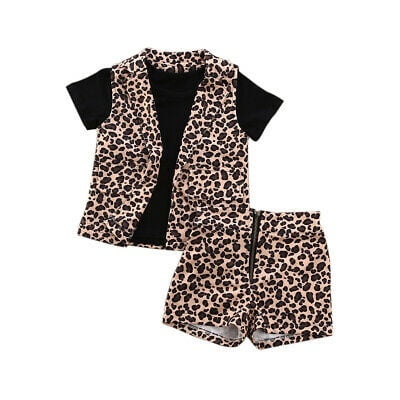 3Pcs Bambin Bébé Fille Mode Cardigan Sans Manches Léopard + T-shirt à Manches Courtes + Vêtements Shorts à Fermeture Éclair