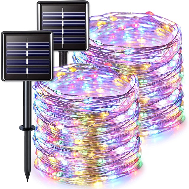 Cadena de luces solares, paquete de dos cada 200 LED 72.2 pies 2 modos Luces de hadas de alambre de cobre impermeables con energía solar para el hogar, jardín, patio, boda, fiesta, decoración navideña (colorido) brillar Electrónica