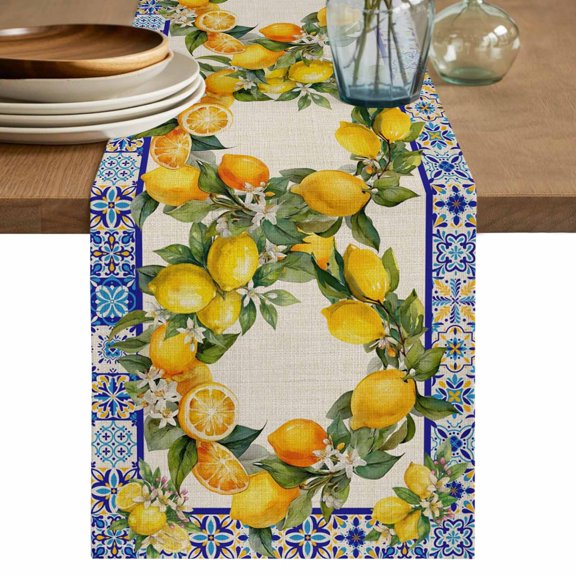 Summer Lemons Table Runner 120 Inches, Vintage Yellow Fruit Flower Blue Ethnic Plaid Bed Runner Dresser Scarves Tabletop for Indoor Outdoor Parties/Ceremony/Banquet, 13"x 120"