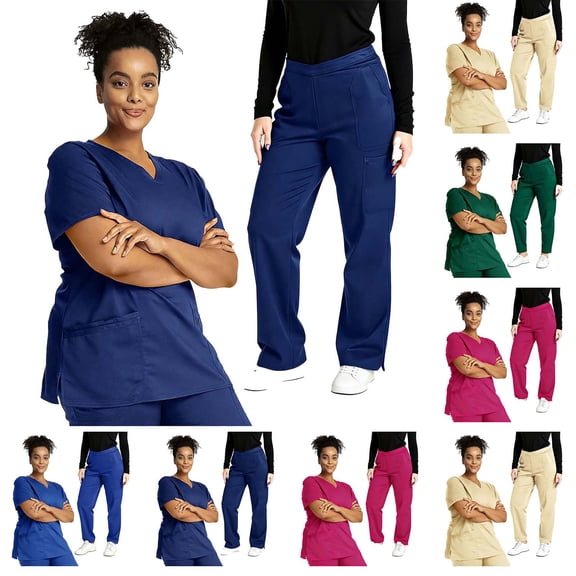 Pxxlle Scrubs for Women Set Loose Short Sleeve V Neck Scrub and Pants Solid Color Medical Nursing Workwear Navy XXL