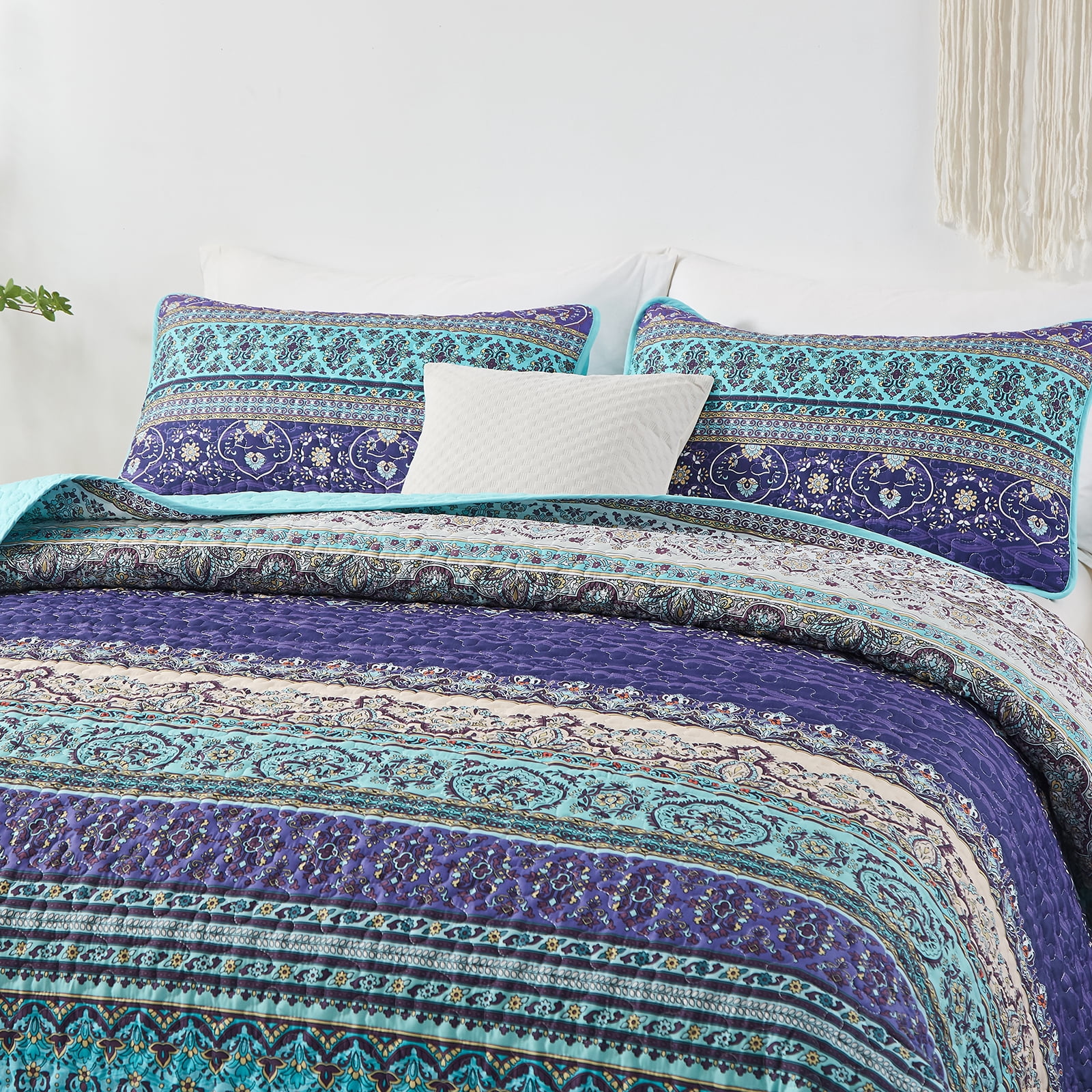Dintszyayue Bohemian Quilt Set King Blue,3Pcs Stripe Boho Bedspread Lightweight Adult(90"x110")