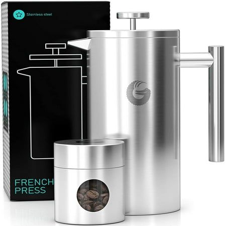Coffee Gator Large Stainless Steel Cafetiere Coffee Maker - Vacuum Insulated French Press - with Mini Storage Canister - 1 Litre, Stainless Steel