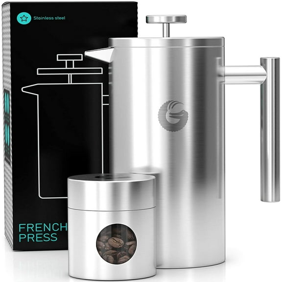 Coffee Gator Large Stainless Steel Cafetiere Coffee Maker - Vacuum Insulated French Press - with Mini Storage Canister - 1 Litre, Stainless Steel