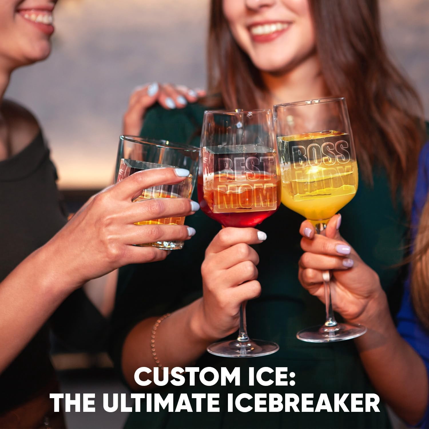 Premium  Ice Cube Maker with Conversation Ice Prints – 4 Large 2.1"   Ice Squares – Giftable Idea for Party, Game Night & Just for Fun – Includes Storage Bag (Non-Electric)