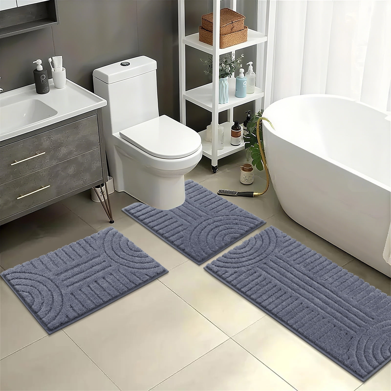 Bathroom Rugs Sets 3 Piece, Soft Absorbent Microfiber Bath Mats and U-Shaped Contour Toilet Rug, Plush Shaggy Bath Mat Set for Bathroom
