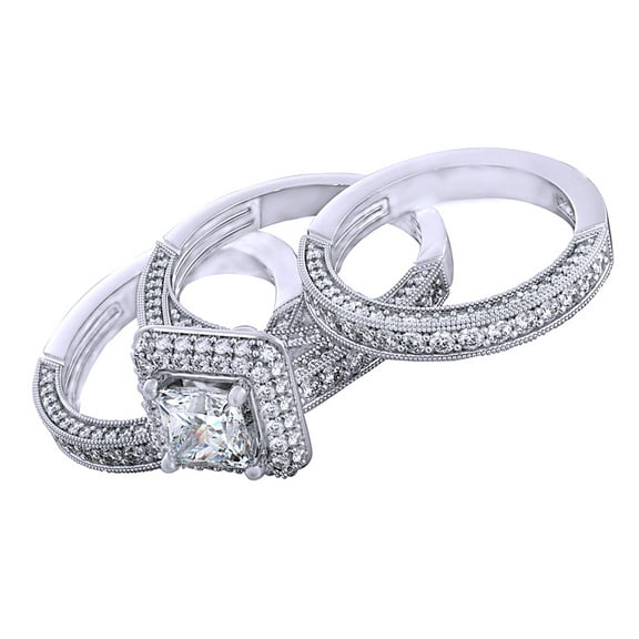 AFFY Princess & Round Cut White CZ Engagement & Wedding Trio Band Ring Set In 14k Solid White Gold (3.53 Cttw)