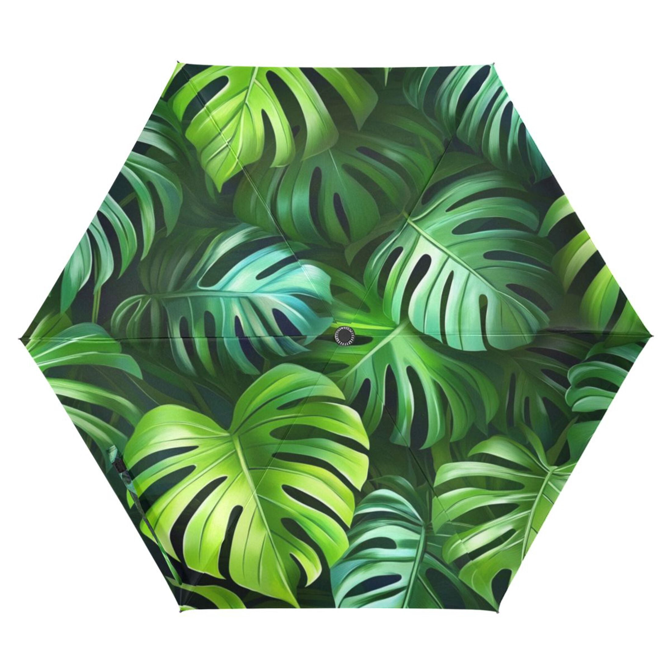 Green Tropical Leaves All Weather Umbrella Triple Folding Parasol 6 Ribs UV Protection Portable