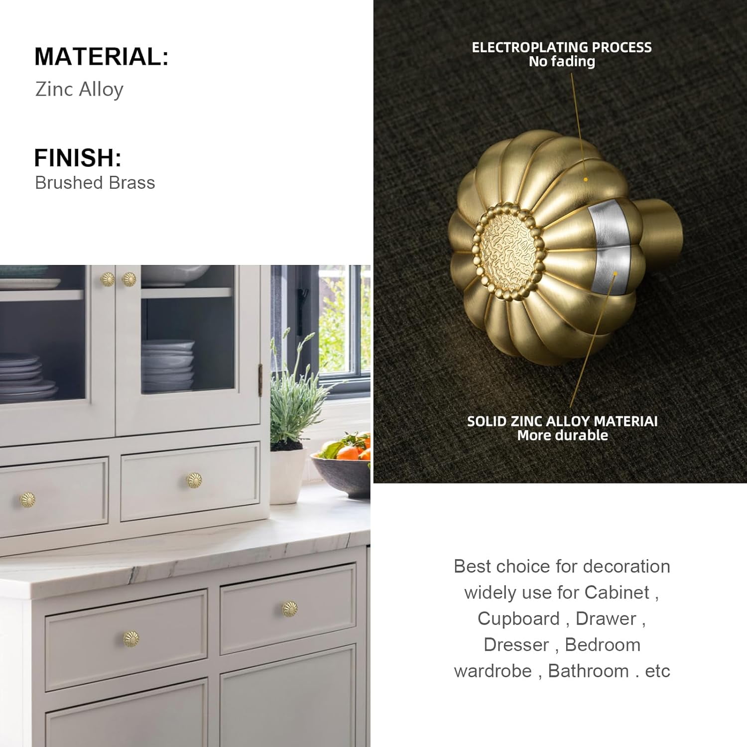 Goo-Ki 12 Pack Elegant Golden Bloom Brushed Brass Cabinet Knobs, Drawer Pulls for Kitchen, Dresser Cabinet Hardware, 1-1/4 Inches Diameter Handles