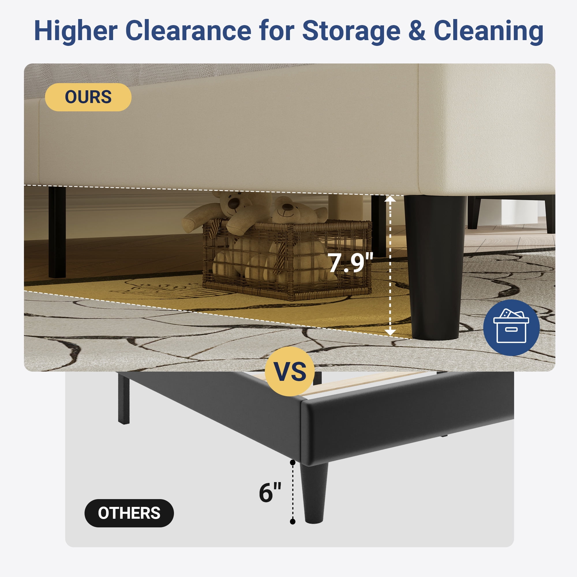 Allewie Full Size Adjustable Headboard Bed Frame with 7.9'' Underbed Storage, No Box Spring Needed, Cream White