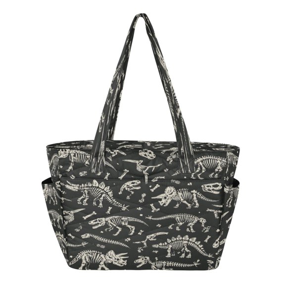 Quilted Tote Bag Large Capacity Multi-Compartment Handbag Jurassic Dinosaur Skeleton Pattern Lightweight Structured Shoulder Bag Versatile Casual Bag