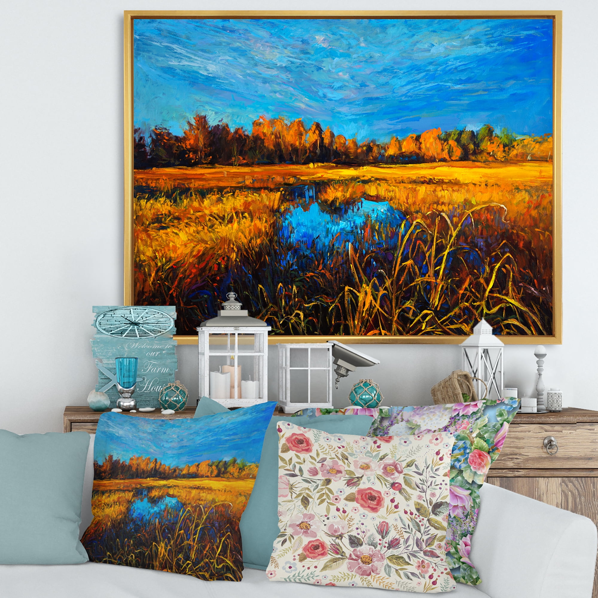 Designart 'A Light Blue Sky Over Orange Meadows' Traditional Framed Canvas Wall Art Print