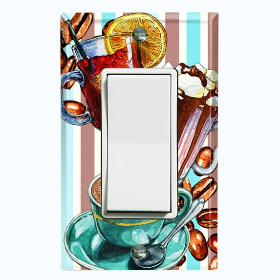 Metal Light Switch Wall Plate Outlet Cover (Coffee Beans Mocha Tea Marshmallow Treat Stripe Teal Brown - Single Rocker)