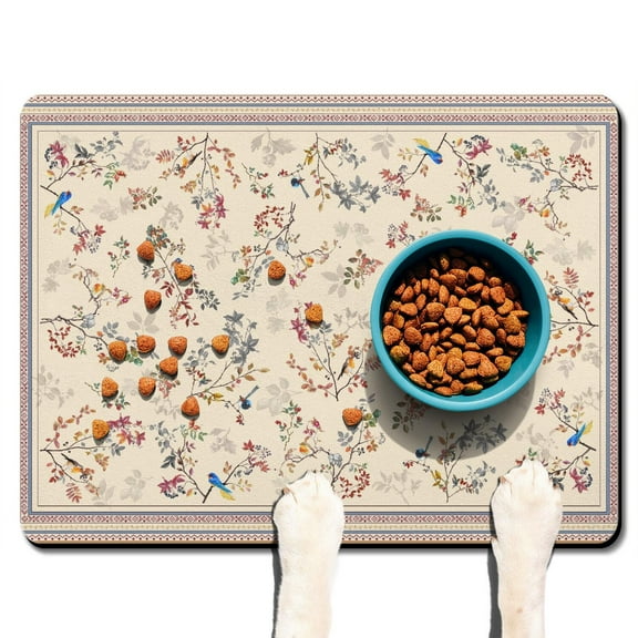 Rustic Pet Food Pad - Botanical Garden Theme, Waterproof Dog Bowl Mat with Rubber Base