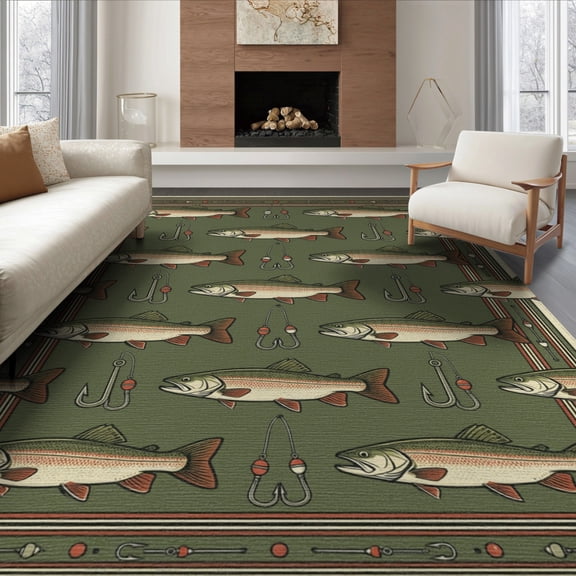 ODIKA 8'x10' Washable Area Rug Fish Fishing Vintage Lure Trout Tackle Border Bathroom Doormat for King Size Bedroom Under Bed, Master Suite, Non-Shedding, Easy Care