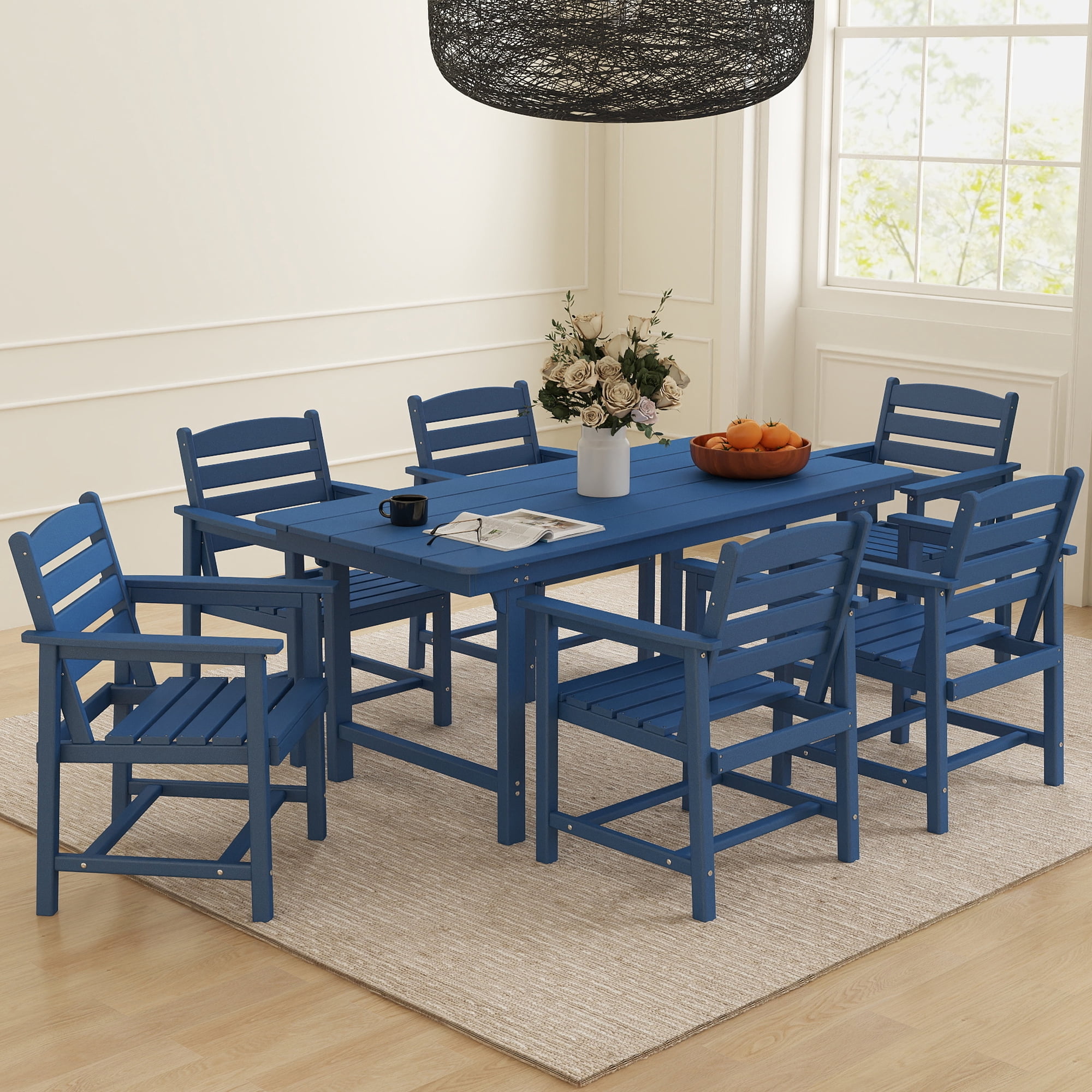 FOOWIN 7-Piece Patio Dining Set, HDPE All-Weather Outdoor Furniture with 6 Chairs and 1 Table, Blue