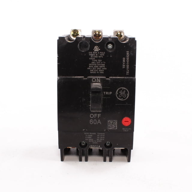 ge tey360 interruptor t atornillable 3p 60a 4 disyuntor automático de tres polos, vista frontal centrada de cuerpo negro con palanca marcada ON/OFF y texto "60A". Terminales roscadas en la parte superior, indicador de disparo visible y botón rojo de prueba; base para montaje atornillado, diseñado para sistemas 480Y/277 Vac. También se usa a menudo como interruptor de lengüeta en tableros eléctricos compactos.