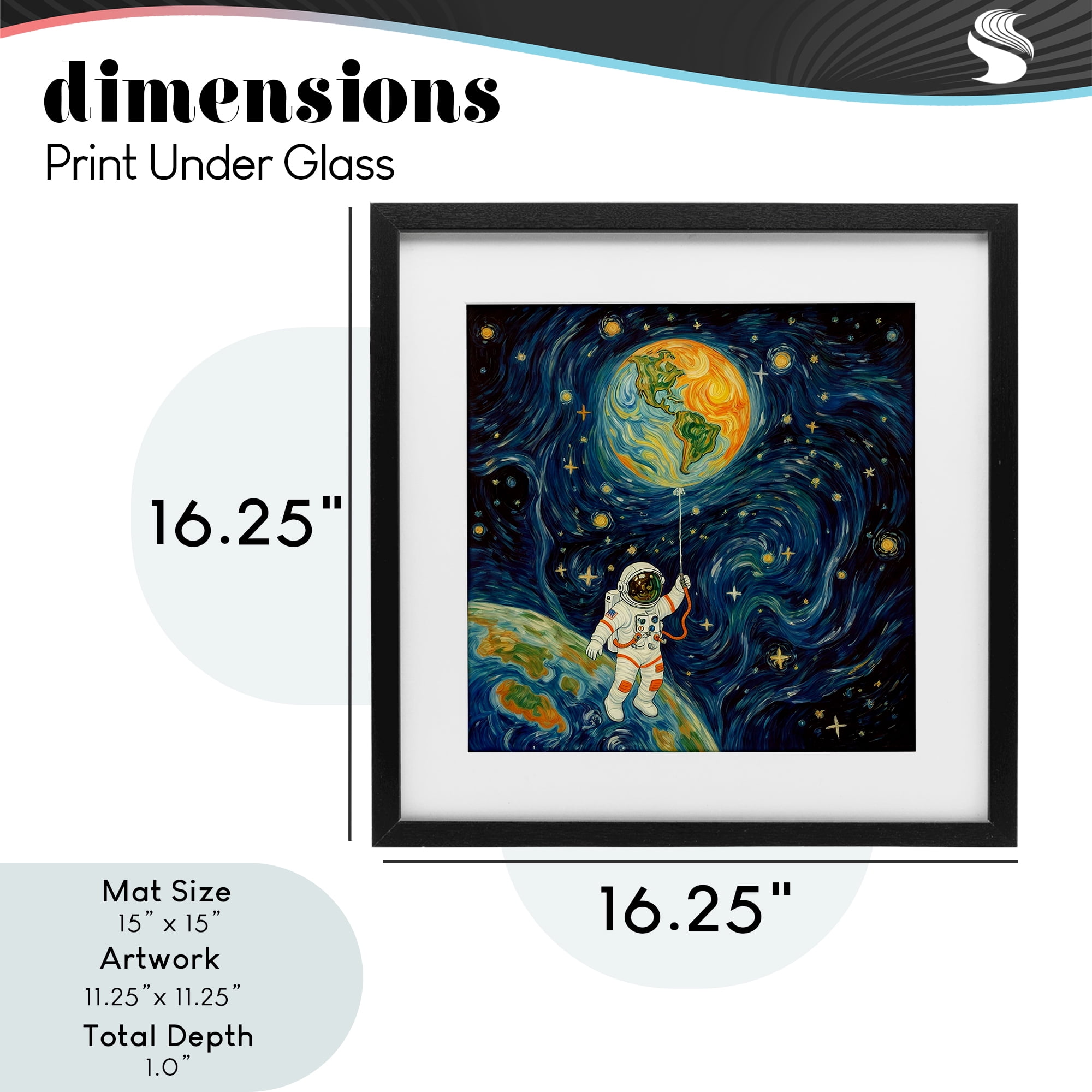 Astronaut with Earth Balloon Black Framed Print Under Glass, design by Angie Hawke