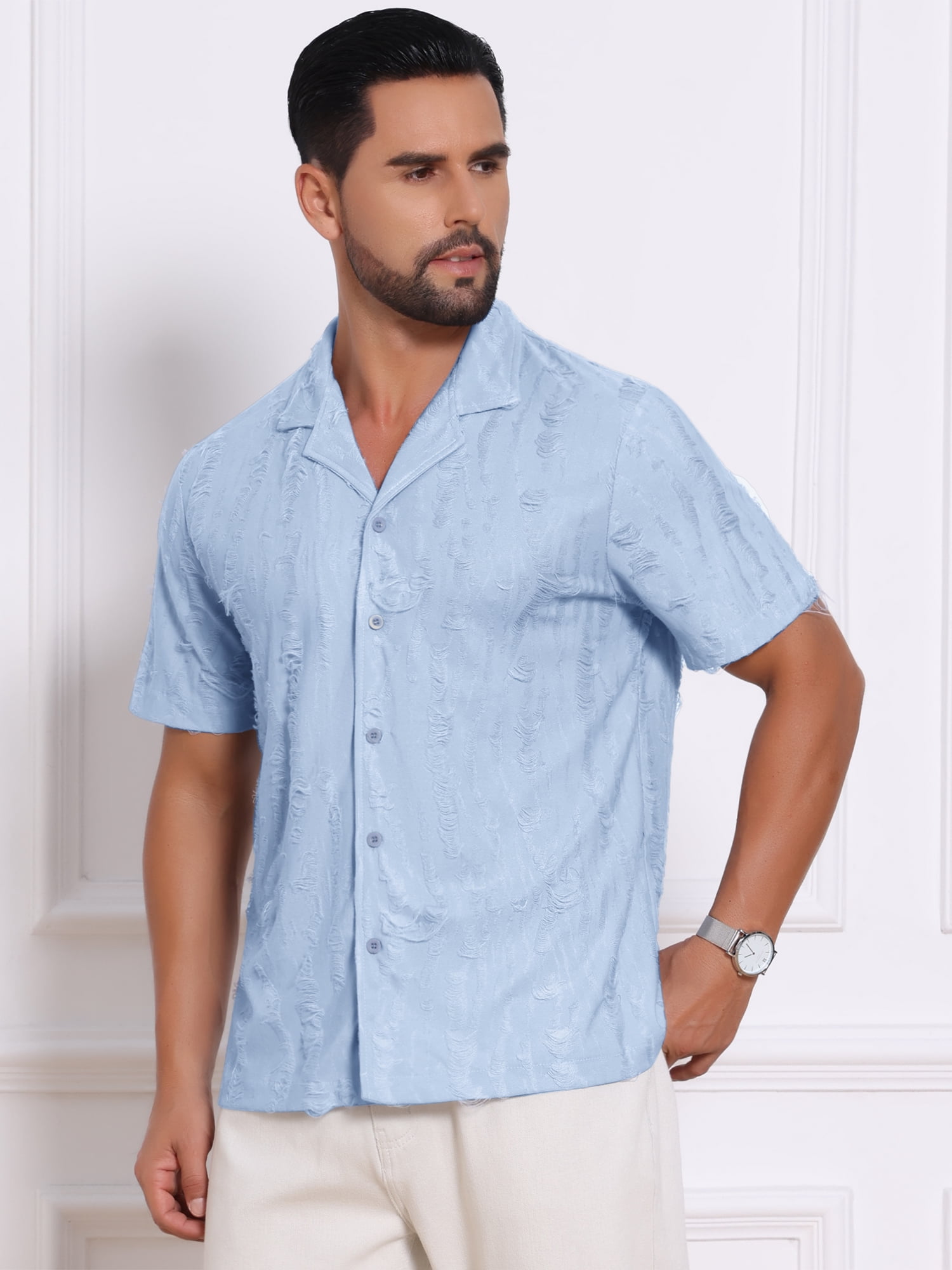 DARING DIVA Men's Camp Collar Button Down Short Sleeve Distressed Ripped Shirts XL Blue