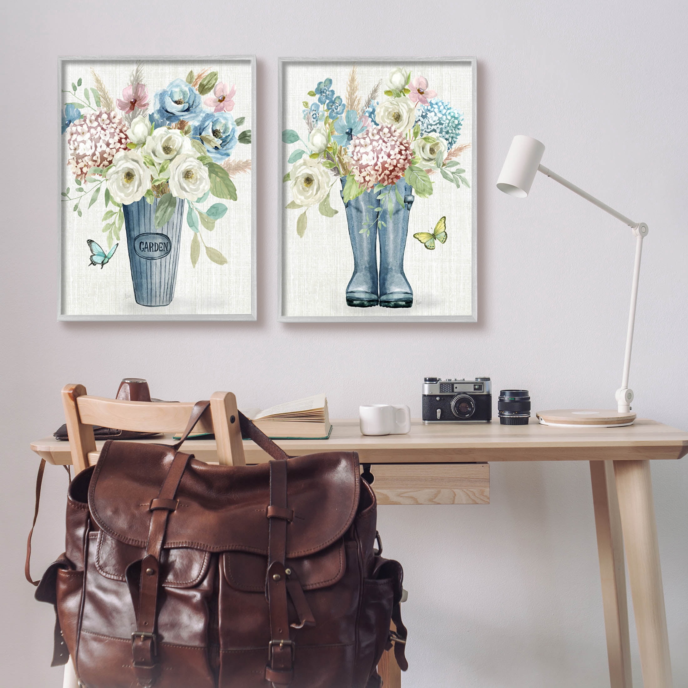 Country Garden Bouquets Rain Boots Botanical & Floral Graphic Art Gray Framed Art Print Wall Art, Set of 2