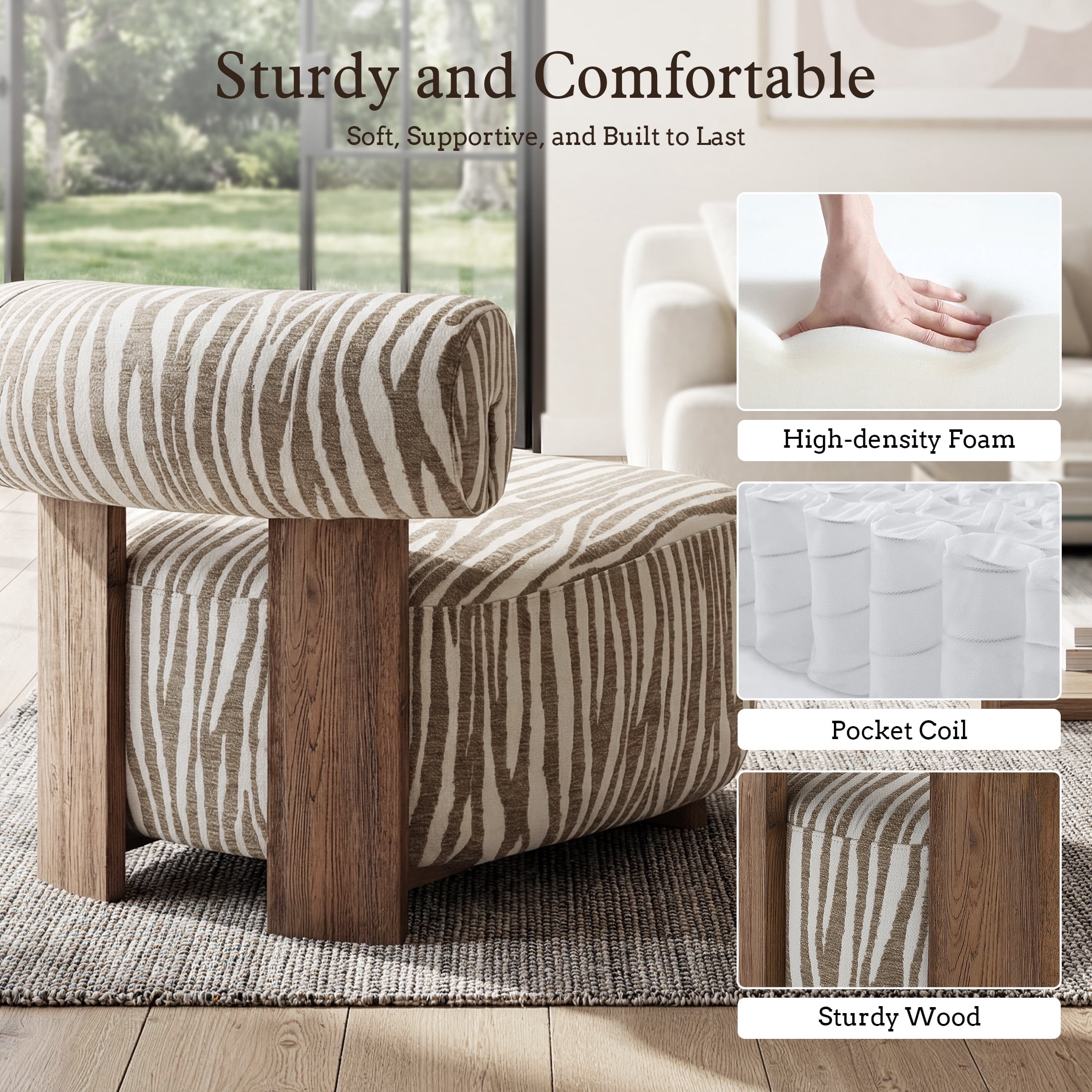 Aukfa Modern Chenille Accent Chair with Zebra-Stripe, Cylindrical Backrest for Living Room, Beige