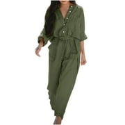 SELONE Jumpsuits for Women Long Sleeve Long Pant Ladies Travel Comfortable 2023 Vacation Flowy Rompers Womens Jumpers and Rompers Casual V Neck Solid Color with Pockets with Belt Buttons Army Green S