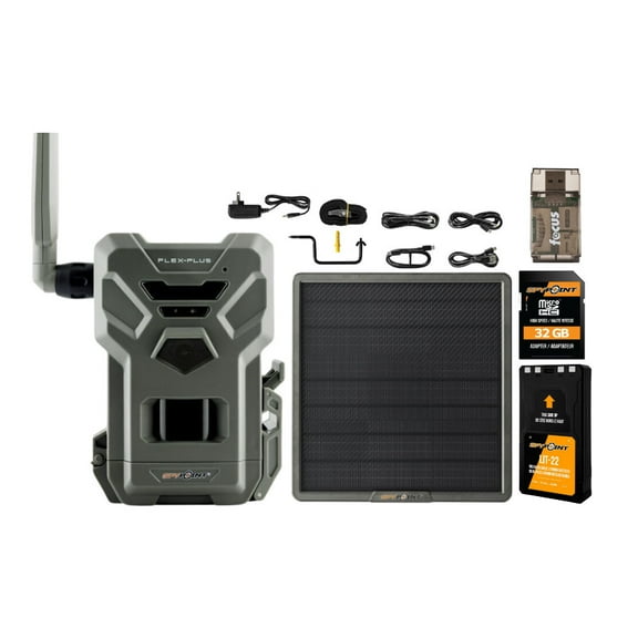 Spypoint FLEX-PLUS 36 MP Cellular Trail Camera Bundle with Lithium Battery Solar Panel, Rechargeable Lithium Battery Pack, Memory Card, and Focus All-In-One High Speed Card Reader (5 Items)