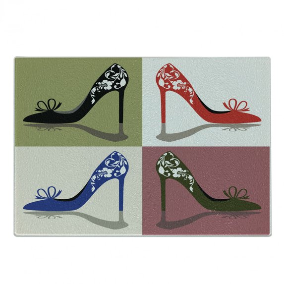 High Heels Cutting Board, Different Colored Oriental Floral Ornamental High Heel Shoes in Squares Woman, Decorative Tempered Glass Cutting and Serving Board, in 3 Sizes, by Ambesonne