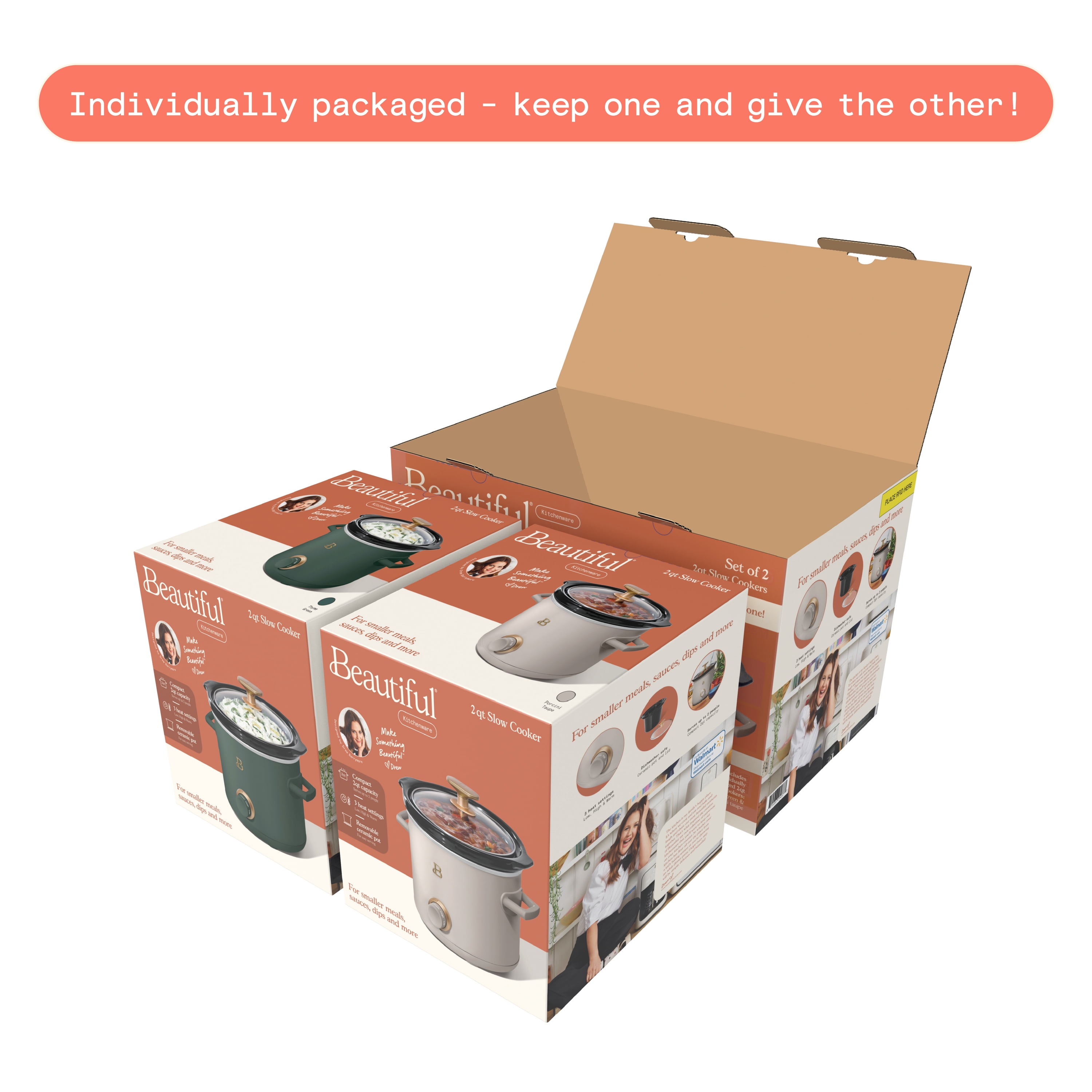 Beautiful 2 Qt Manual Slow Cooker, 2-Pack, Thyme Green + Porcini Taupe by Drew Barrymore