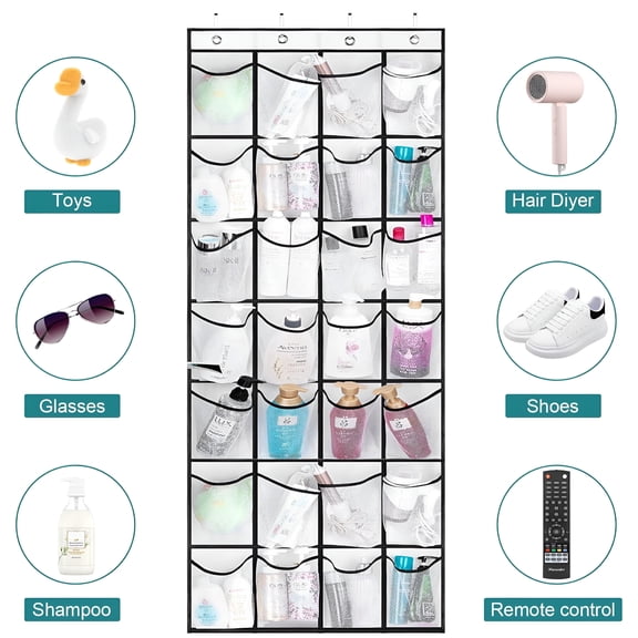 XIBUFE 28 Large Pockets Over the Door Shoe Organizer,Hanging Shoe Organizer for Closet,Premium Clear Shoe Rack for Door,Shoes Hanger Organizers Storage Holder for Back of Door and 4 Metal Hook White