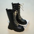 thumbnail image 4 of Girls Black Knee-High Lace-Up Combat Boots with Side Zipper, Lug Sole Dress & School Boots, 2 Extra Gold Shoelaces, Toddler/Little/Big Kids, 4 of 5