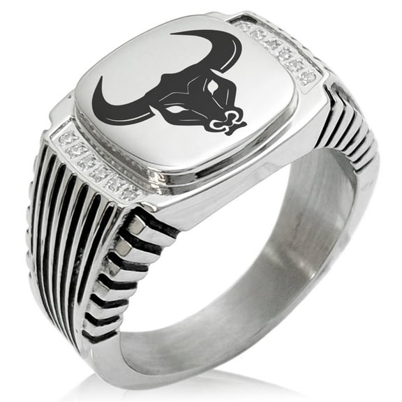 Stainless Steel Greek Mythology Minotaur CZ Ribbed Needle Stripe Pattern Biker Style Polished Ring