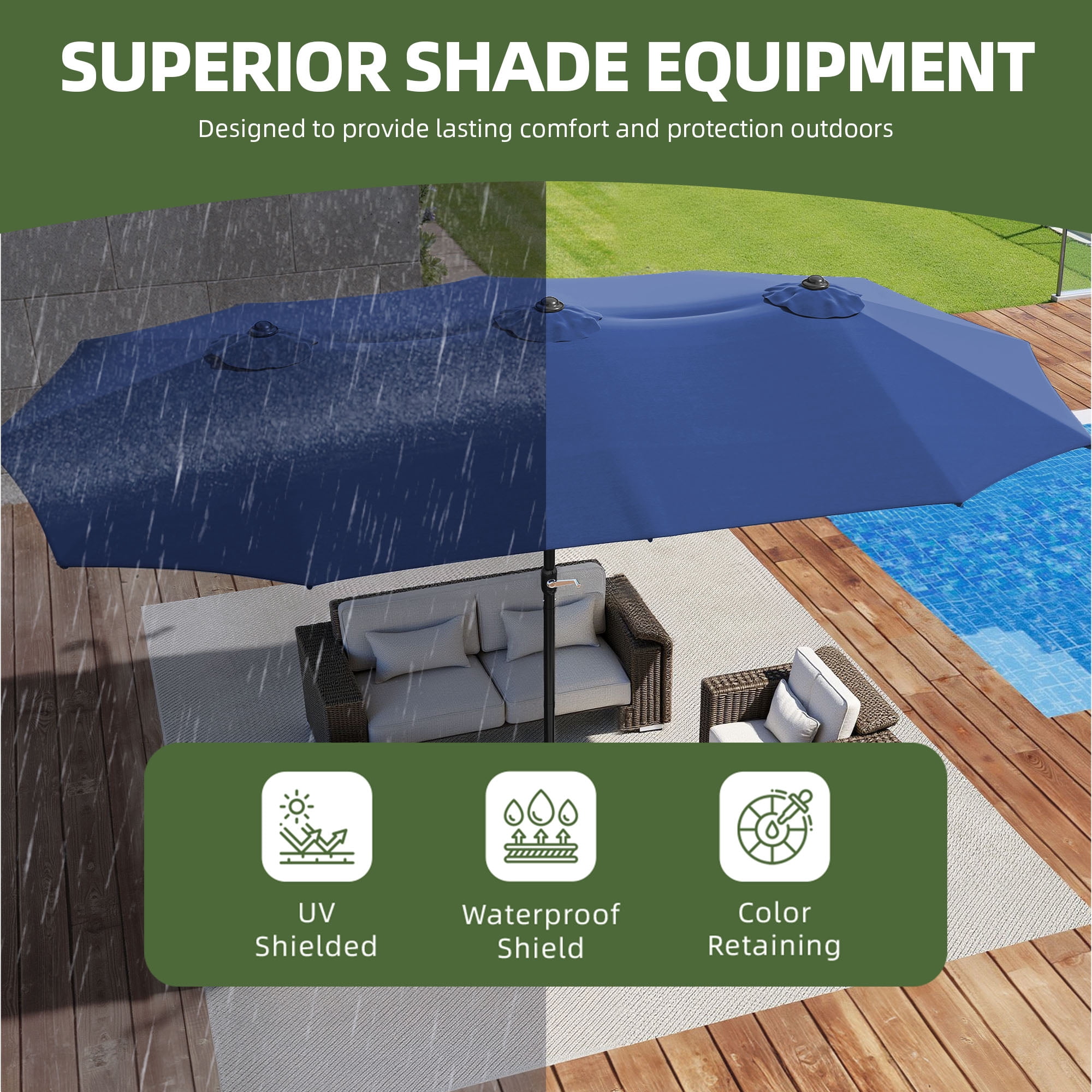 Uforic 15ft Double-Sided Patio Umbrella, Large Outdoor Portable Shade Market Table Umbrella,12 Sturdy Ribs & Tilt Adjustment ,Navy Blue
