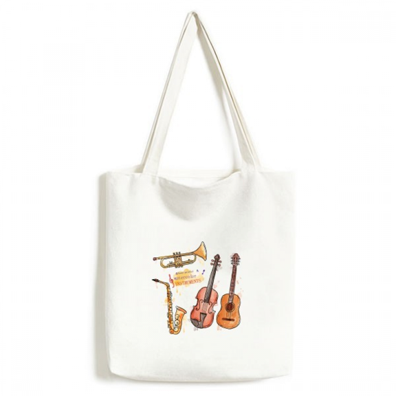 Music Guitar Instruments Watercolor Pattern Tote Canvas Bag Shopping Satchel Casual Handbag