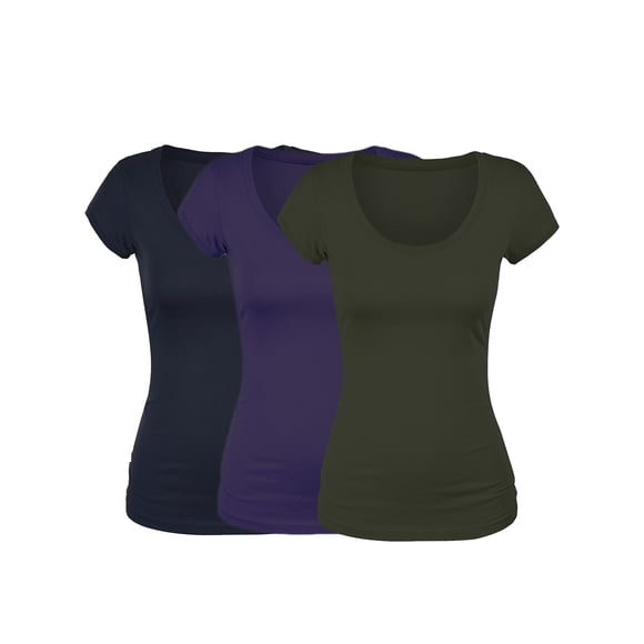 Emmalise Women's Short Sleeve Tshirt Scoop Neck Tee Value Set (3Pk, Navy, Olive, Purple, Small)