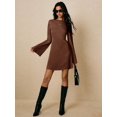 thumbnail image 5 of Coffee Brown Satin Short Dress With Open Back Tie Detail And Flared Sleeves, 5 of 7