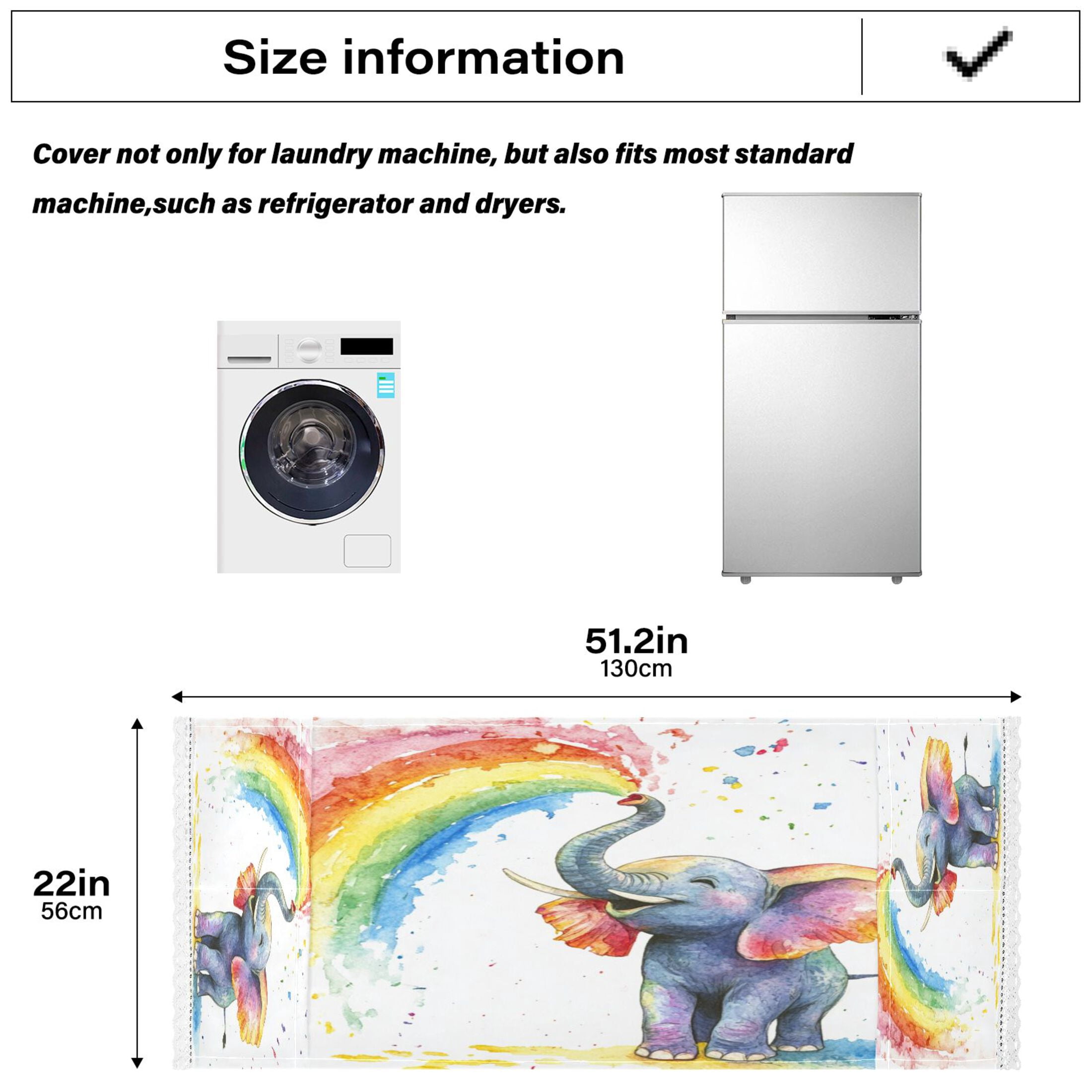 Washing Machine Cover 51.2x22in, Durable Polyester Dust Cover with Lace Trim and Side Pocket for Appliances Elephant Color Spraying
