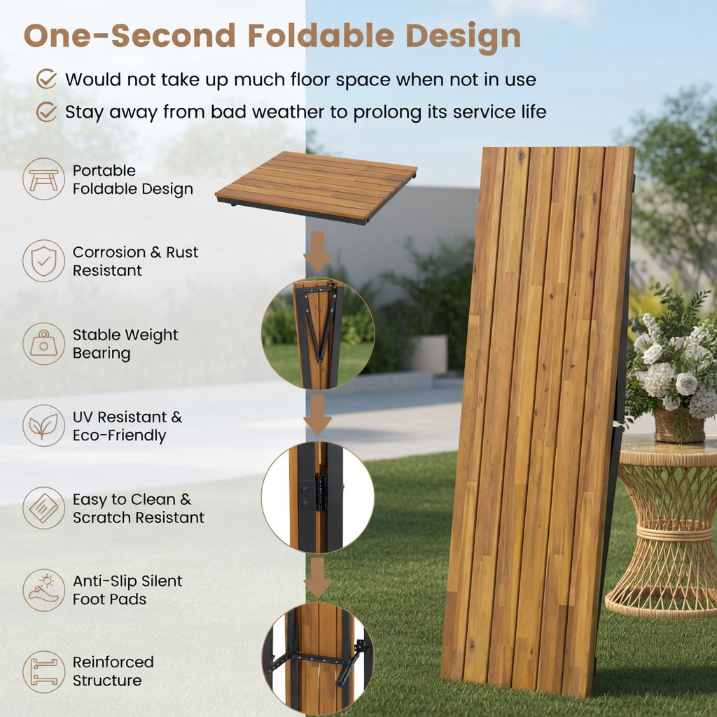 Hommoo Acacia Wood Folding Picnic Table with Rust-Resistant Metal Frame, Compact Outdoor Dining Table for 6, Indoor/Outdoor Use, Natural